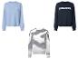 Drie sweatshirts: lichtblauw met 'Breakfast Club', donkerblauw met 'BONJOUR' en een wit-zwart gestreepte.