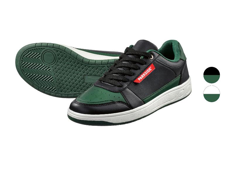 Paar zwart-groene Parkside sneakers met witte zool.