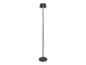 Lampadaire noir avec abat-jour plissé et base ronde.