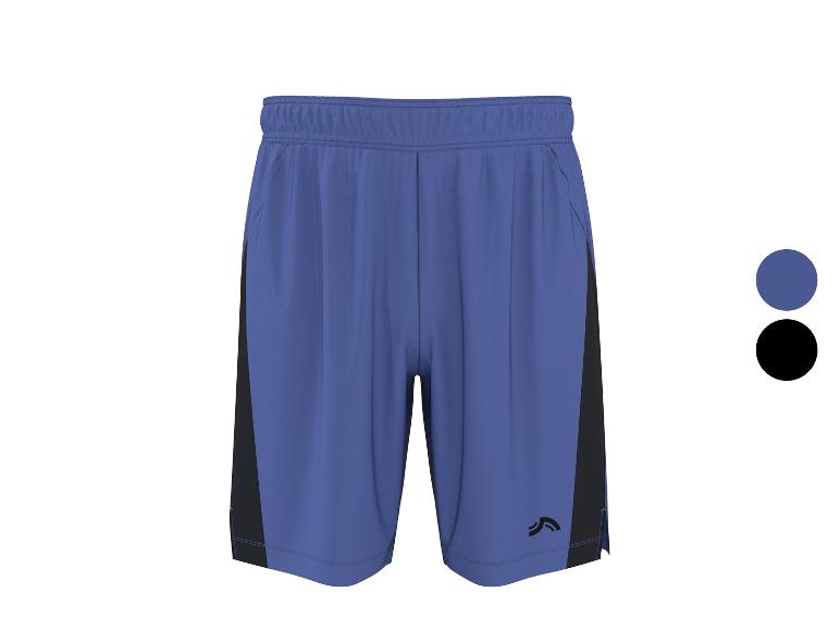 Blauwe sportshorts met zwarte zijpanden en een elastische tailleband.