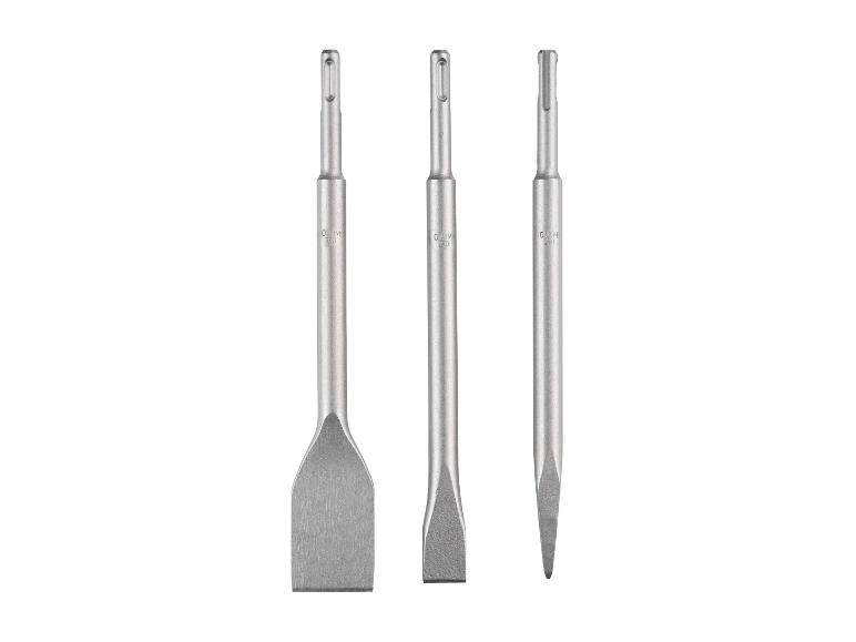Drie SDS-plus beitels: plat, breed plat en puntig.