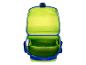 Cartable ouvert bleu-vert avec plusieurs compartiments.