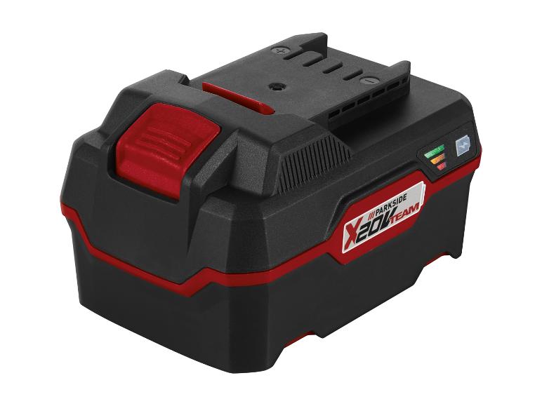 Een zwarte Parkside X20V Team accu met rode accenten.
