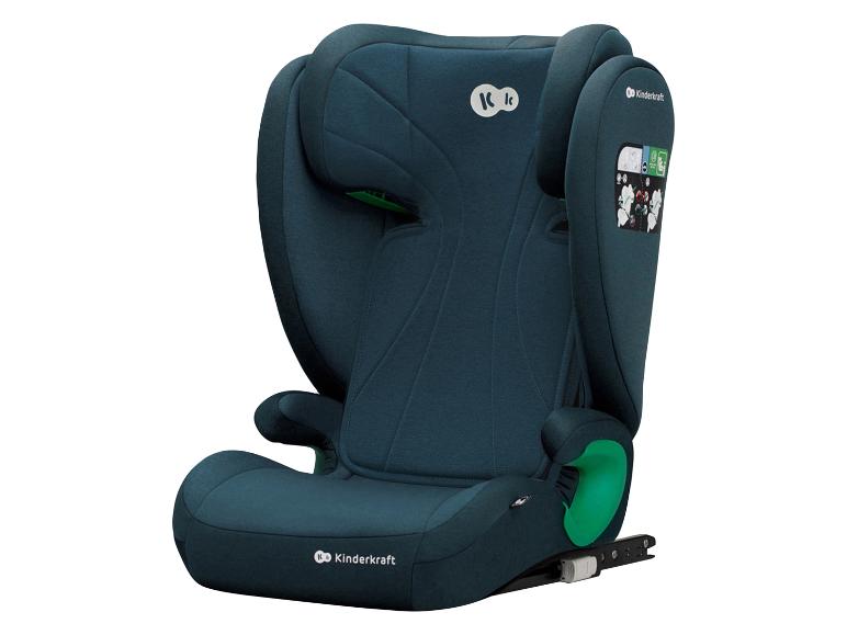 Siège auto enfant bleu foncé avec accents verts et appui-tête réglable
