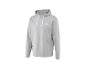 Grijze hoodie met witte trekkoorden en een klein wit logo op de borst.