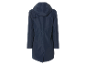 Lange donkerblauwe jas met capuchon.