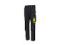 Pantalon de travail gris foncé avec détails jaunes et poches latérales.