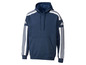 Un sweat à capuche Adidas bleu marine avec des rayures blanches sur les manches.
