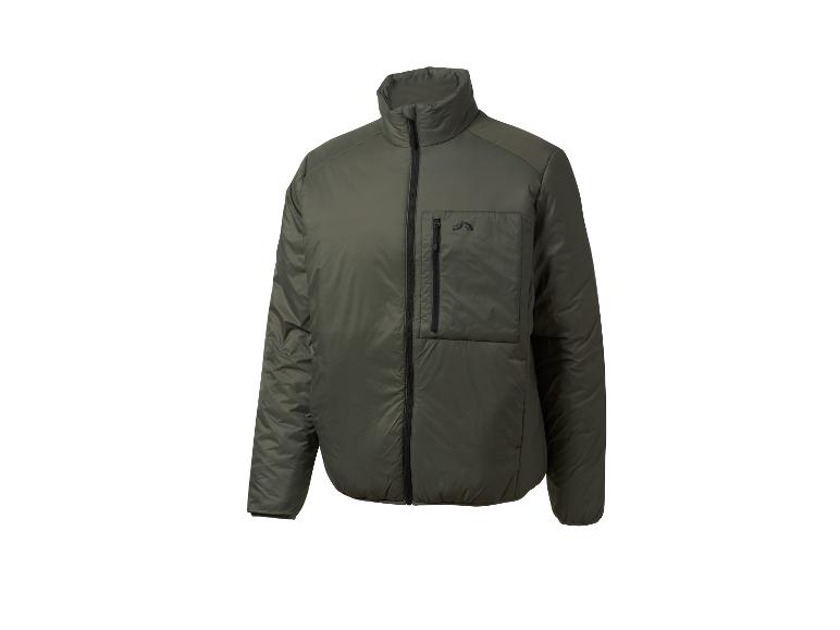 Veste matelassée vert foncé avec fermeture éclair frontale et poche poitrine.