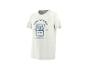 T-shirt blanc avec imprimé bleu de boîte de sardines et texte 'Simply Delicious'.