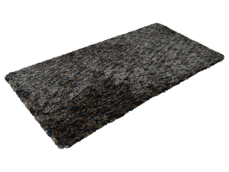 Un tapis gris foncé, moelleux, à motifs.