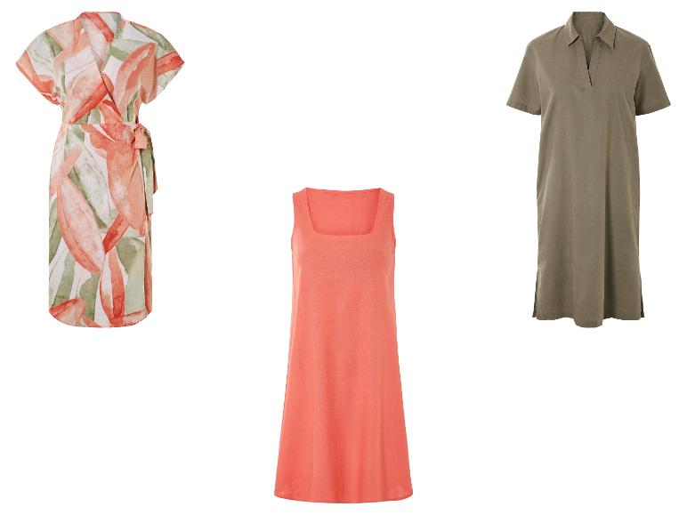 Zomerjurken: een geprinte wikkeljurk, een koraalrode jurk en een kaki shirtjurk.