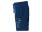 Blauwe shorts met een Minecraft-personage en houweelafbeelding, met trekkoord in de taille.