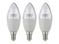 Drie witte LED-kaarslampen met E14-fitting.