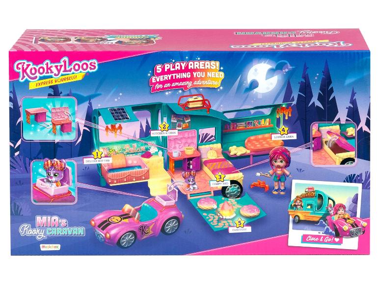 Ensemble de jeu KookyLoos Mia's Kooky Caravan avec caravane, voiture et accessoires.