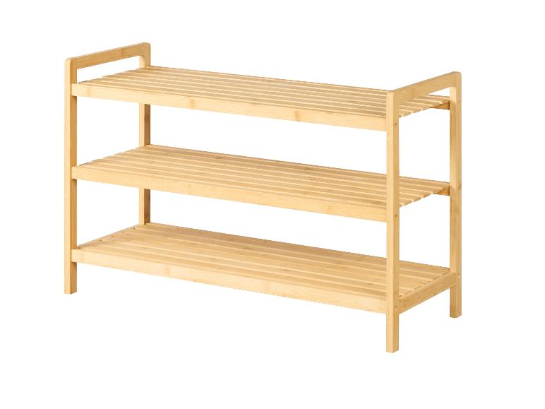 Étagère de rangement en bambou à trois niveaux, idéale pour les chaussures ou autres objets.