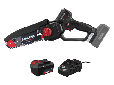 PARKSIDE® Mini‑tronçonneuse à batterie 20 V PPAGHS20 avec Batterie 4 Ah PAP204 et Chargeur rapide 4,5 A PLG20