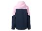 Veste à capuche rose et bleu foncé avec un logo au dos.