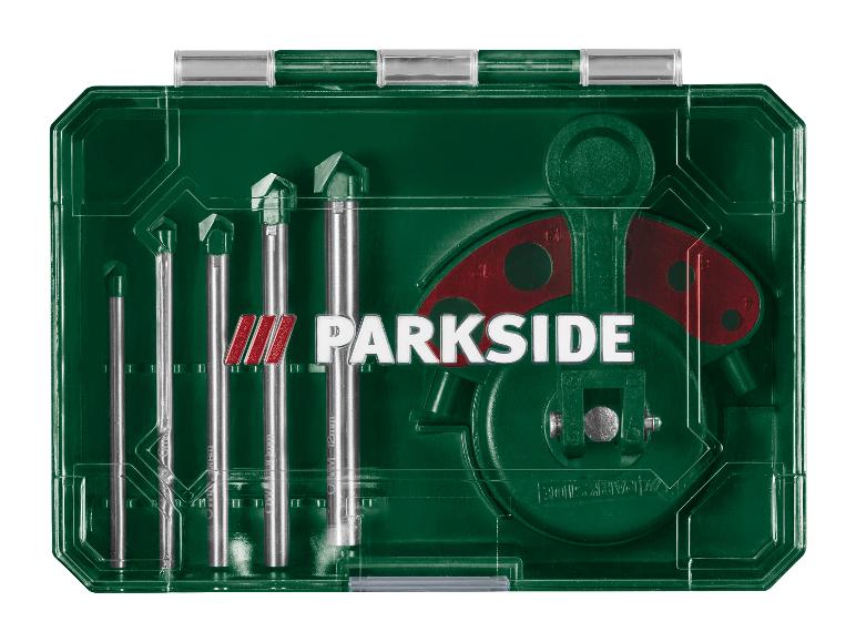 Set glas- en tegelboren met cirkelgeleider in een groene doos.