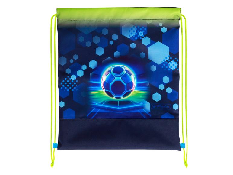Sac de sport vert-bleu avec thème de football et motifs géométriques.