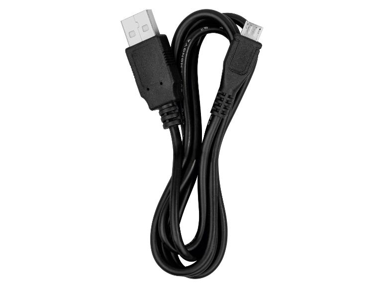 Câble USB noir avec connecteurs USB-A et Micro-USB, enroulé en forme de huit.