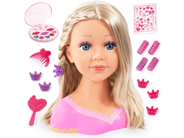 Une poupée blonde avec un ensemble de maquillage, des accessoires pour cheveux et des autocollants.
