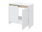 Meuble de salle de bain blanc avec portes ouvertes et détails en bois clair