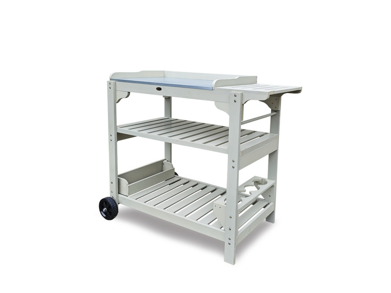 Chariot de service en bois blanc avec plan de travail, étagères et roulettes.