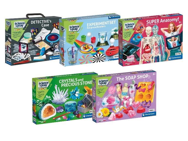 Clementoni Science & Play speelsets: Detective, Experiment, Anatomie, Kristallen en Zeep.
