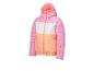 Veste d'hiver pour enfants rose, blanche et orange avec capuche.