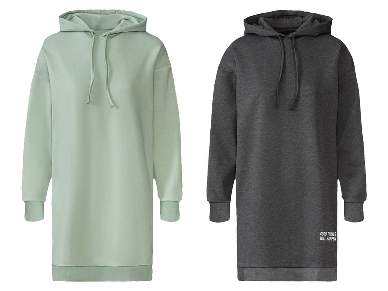 Twee hoodies, een in lichtgroen en een in grijs met de tekst 'Good things will happen'.