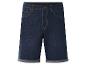 Donkerblauwe heren denim shorts met omgeslagen pijpen en gele stiksels.