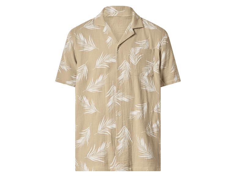 Beige overhemd met korte mouwen en witte palmbladprint.