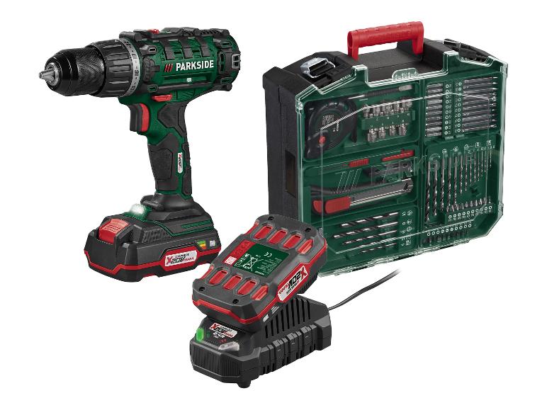 PARKSIDE X 20 V Team accuboormachineset met oplader en 200-delige accessoirekit.