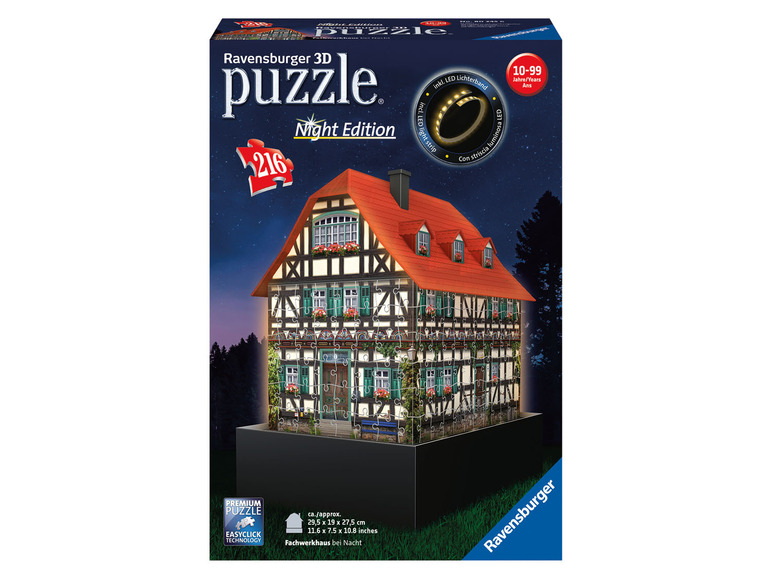 Un puzzle 3D Ravensburger avec éclairage LED, représentant une maison à colombage