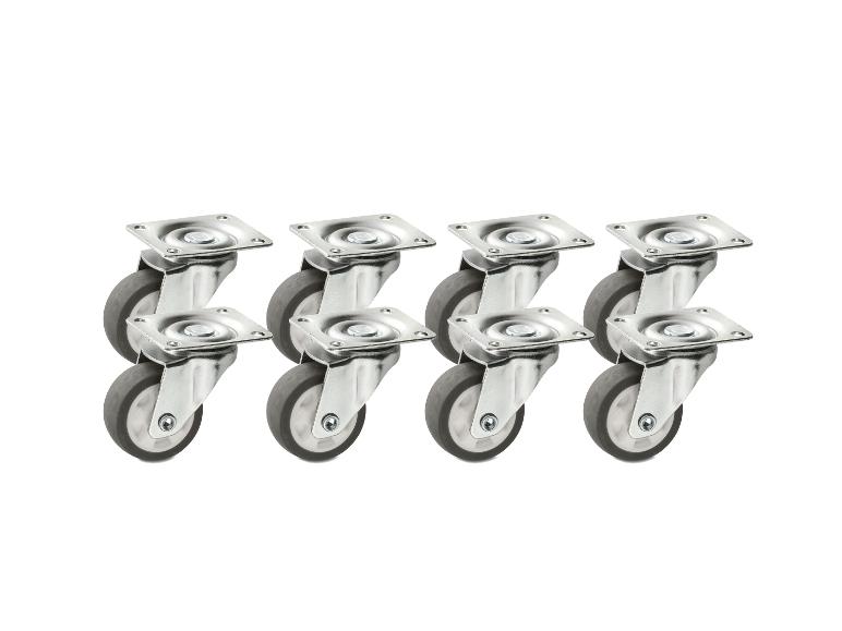 Set van acht grijze zwenkwielen met metalen bevestigingen