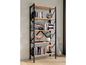 Een houten boekenkast met stalen frame, gevuld met boeken en decoratieve voorwerpen.
