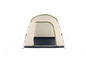Een beige tent met groene accenten en een donkerblauwe bodem.