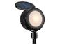 Zwarte LED-solarspot met warm licht, ideaal voor buiten.