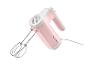 Mixeur plongeant SilverCrest rose et blanc avec fouets, incliné sur fond blanc.