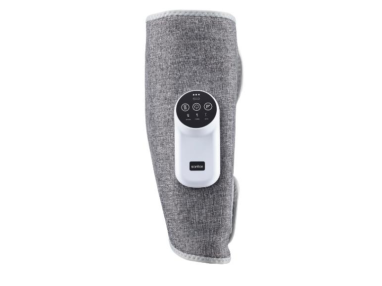 Masseur de genou gris avec panneau de commande blanc et boutons pour la chaleur et les modes de massage.