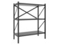Een zwarte metalen boekenplank met drie planken.
