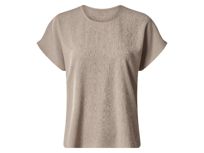 Beige damesblouse met korte mouwen en ronde hals, met gestructureerde stof