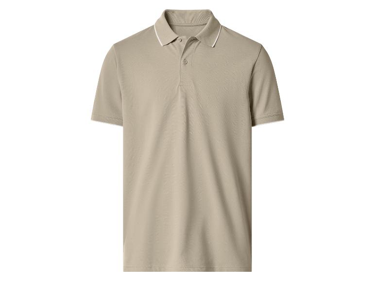 Beige poloshirt met witte kraag en manchetten, met twee knopen.