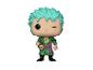 Figurine Funko Pop! Roronoa Zoro de One Piece, cheveux verts, cicatrice à l'œil, tenue verte.
