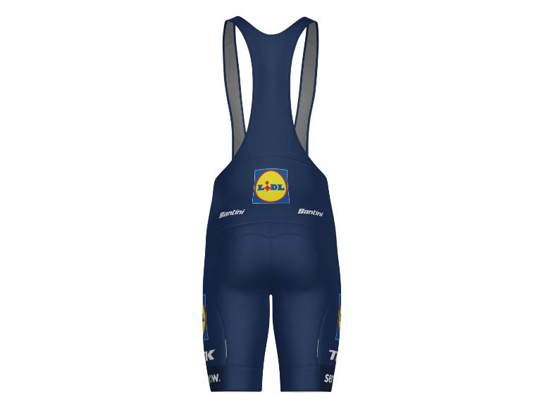 Donkerblauwe fietsbroek met bretels en logo's.