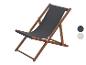 Chaise longue gris foncé avec cadre en bois, présentée avec des échantillons de couleurs.