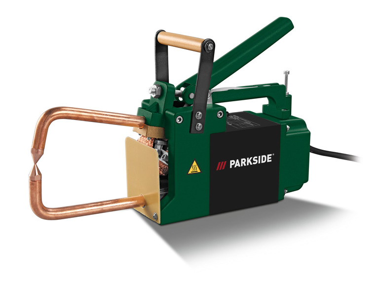 Een groene Parkside-lasapparaat met koperen elektroden.