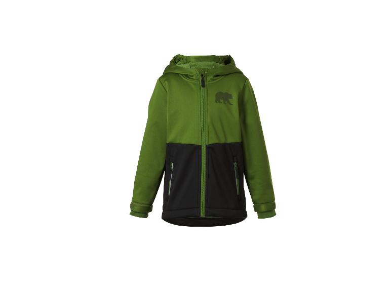 Veste softshell enfant verte et noire avec capuche et imprimé ours.
