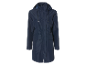 Lange donkerblauwe jas met capuchon.